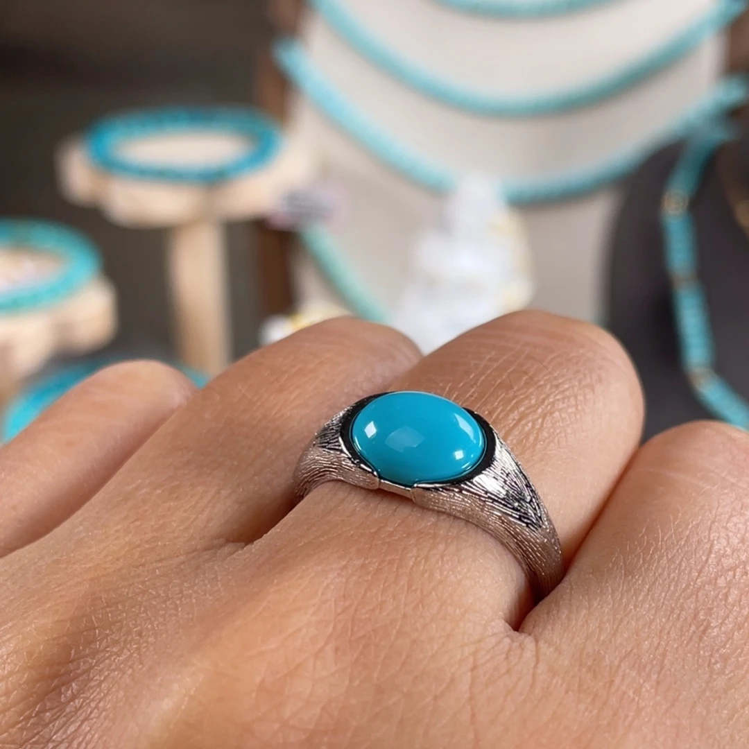 绿松石银S925镶嵌套链高蓝女戒