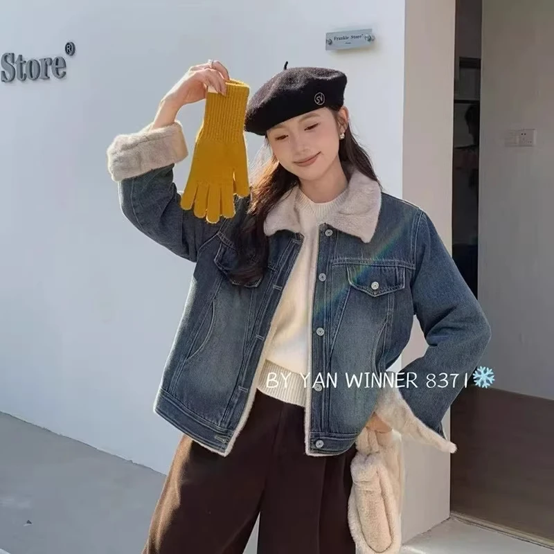 韩系水貂绒牛仔外套女2025新款加绒休闲保暖加厚夹克棉服冬季短款