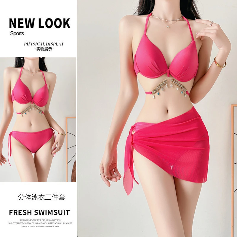 多巴胺比基尼分体bikini三件套泳衣女纯色性感拢甜美少女度假泳装