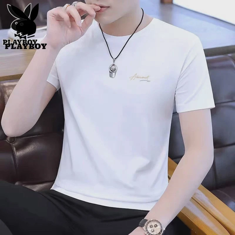 花花公子短袖t恤男士圆领上衣服2024夏季新款潮牌休闲百