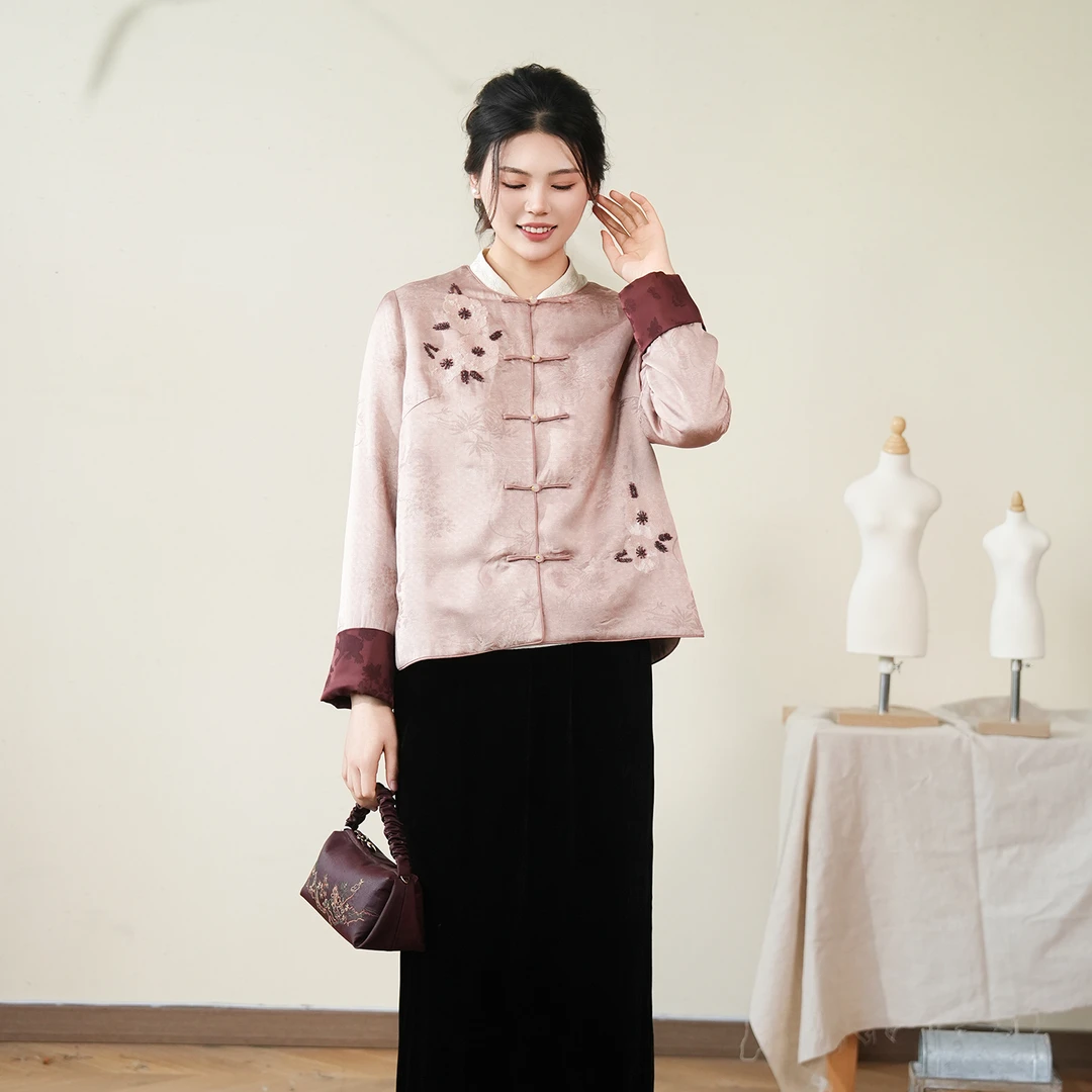 布符「龟裂纹提花花卉刺绣棉服」秋冬新款手工一字扣短外套MQWTM5