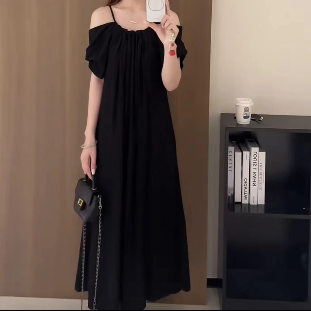 夏季宽松裙子2025新款时尚洋气设计感纯色短袖中长款女韩版连衣裙