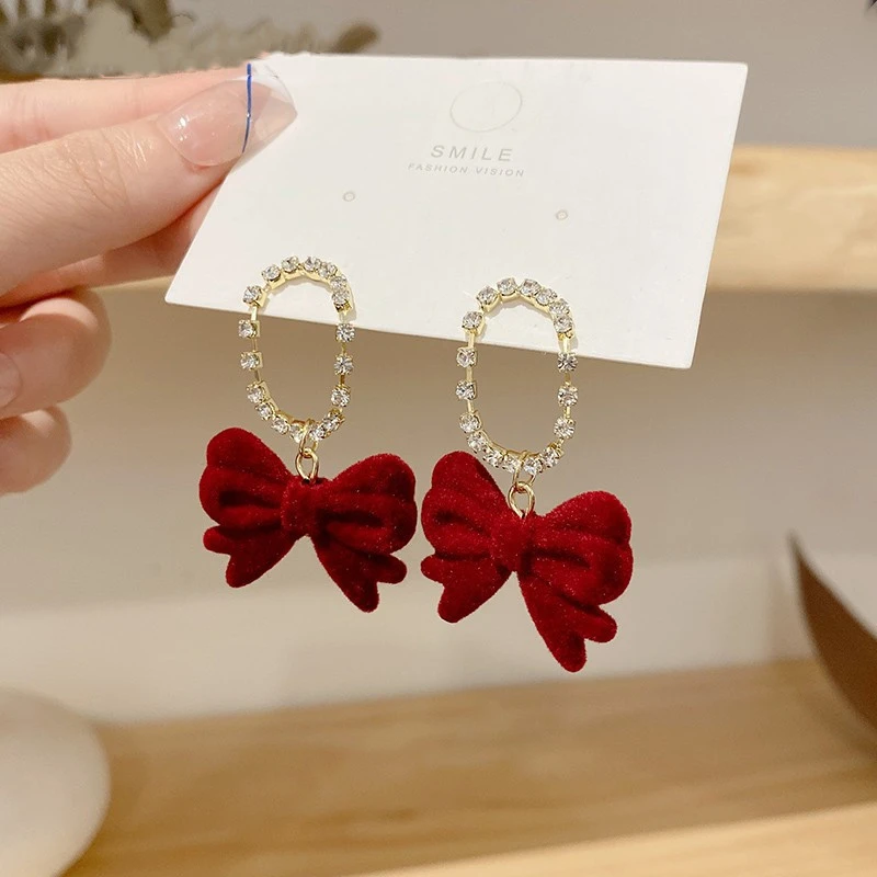 秋冬植绒蝴蝶结红色耳环女2025年新款潮适合过年耳钉气质新年耳饰
