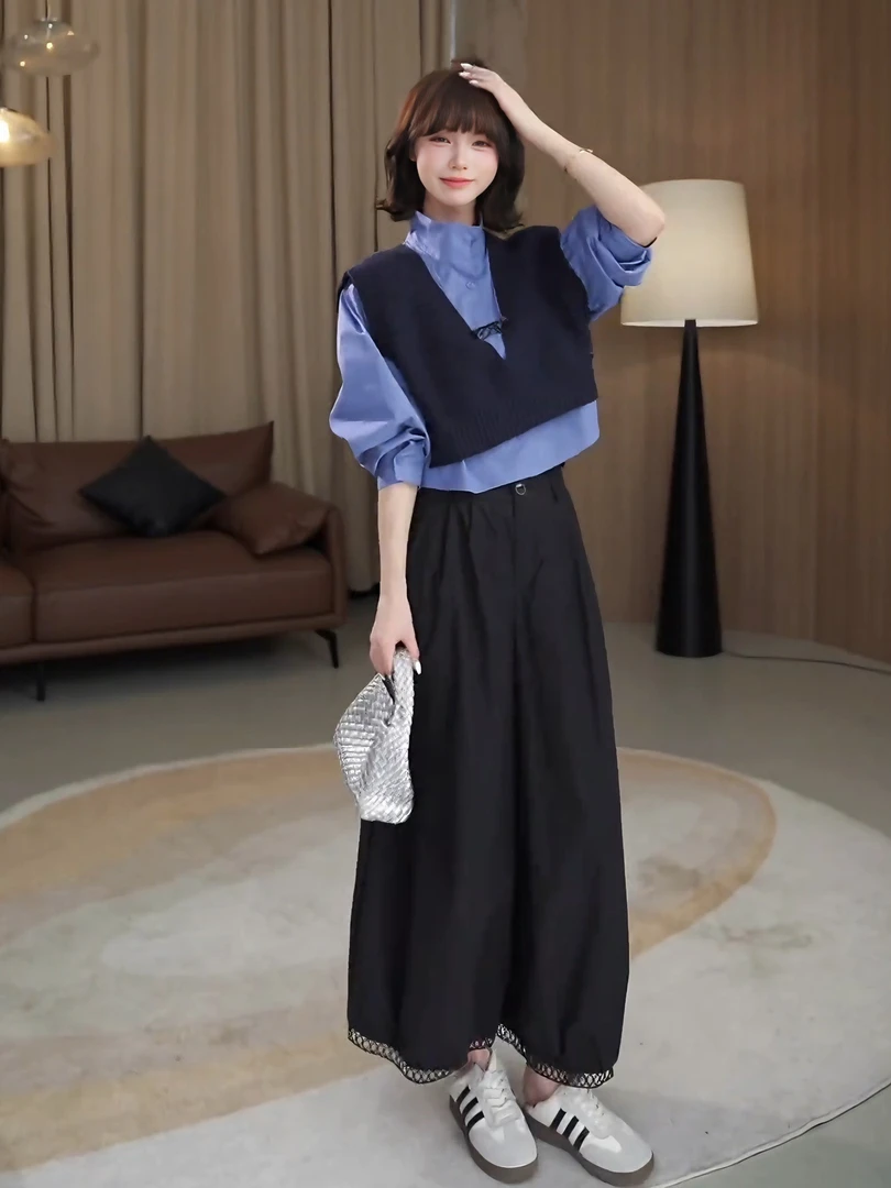 2025秋季新款韩系通勤穿搭针织马甲蓝色衬衫上衣休闲阔腿裤三件套