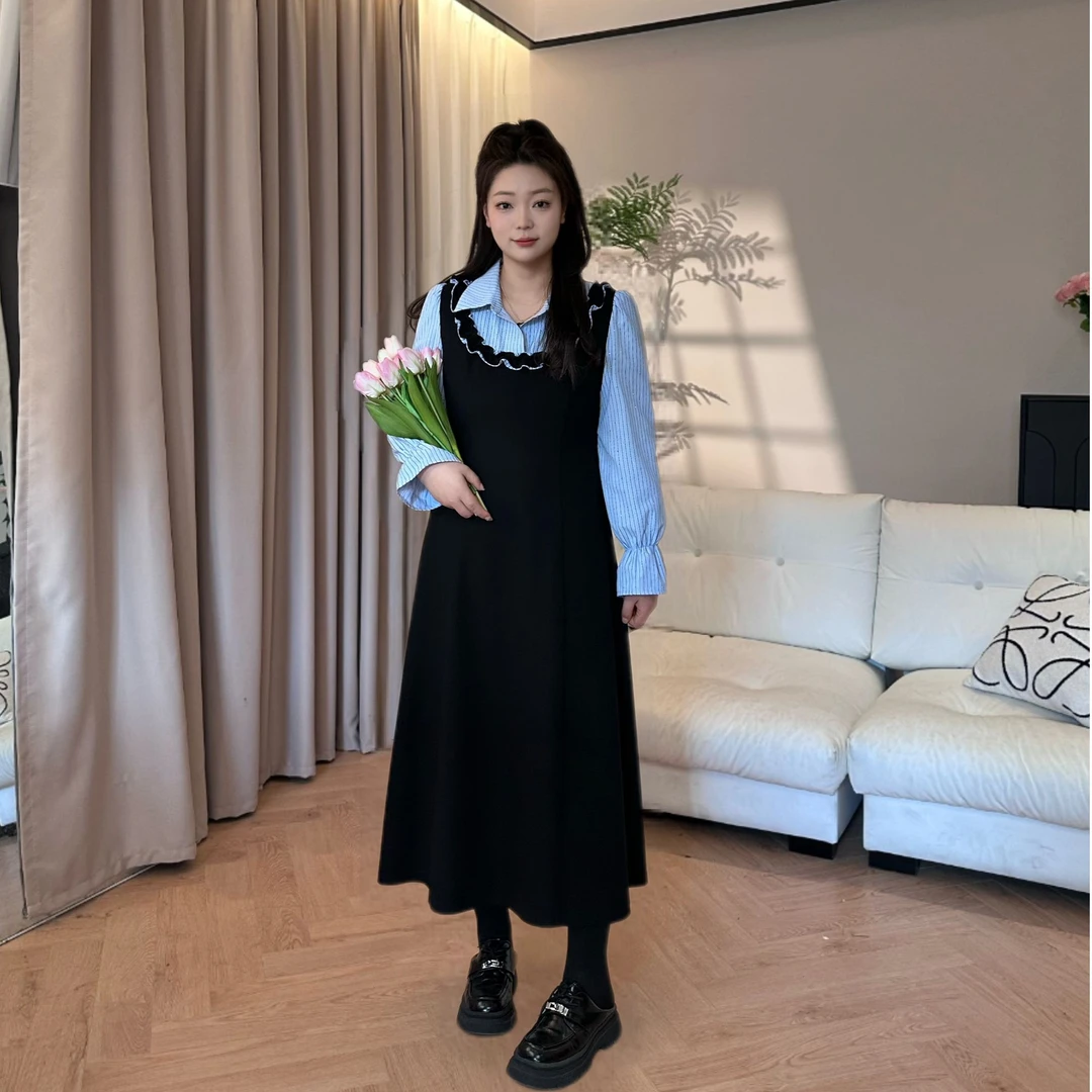 楠序魏魏【海岛少女】微胖女2025大码法式假两件长袖连衣裙NX13036