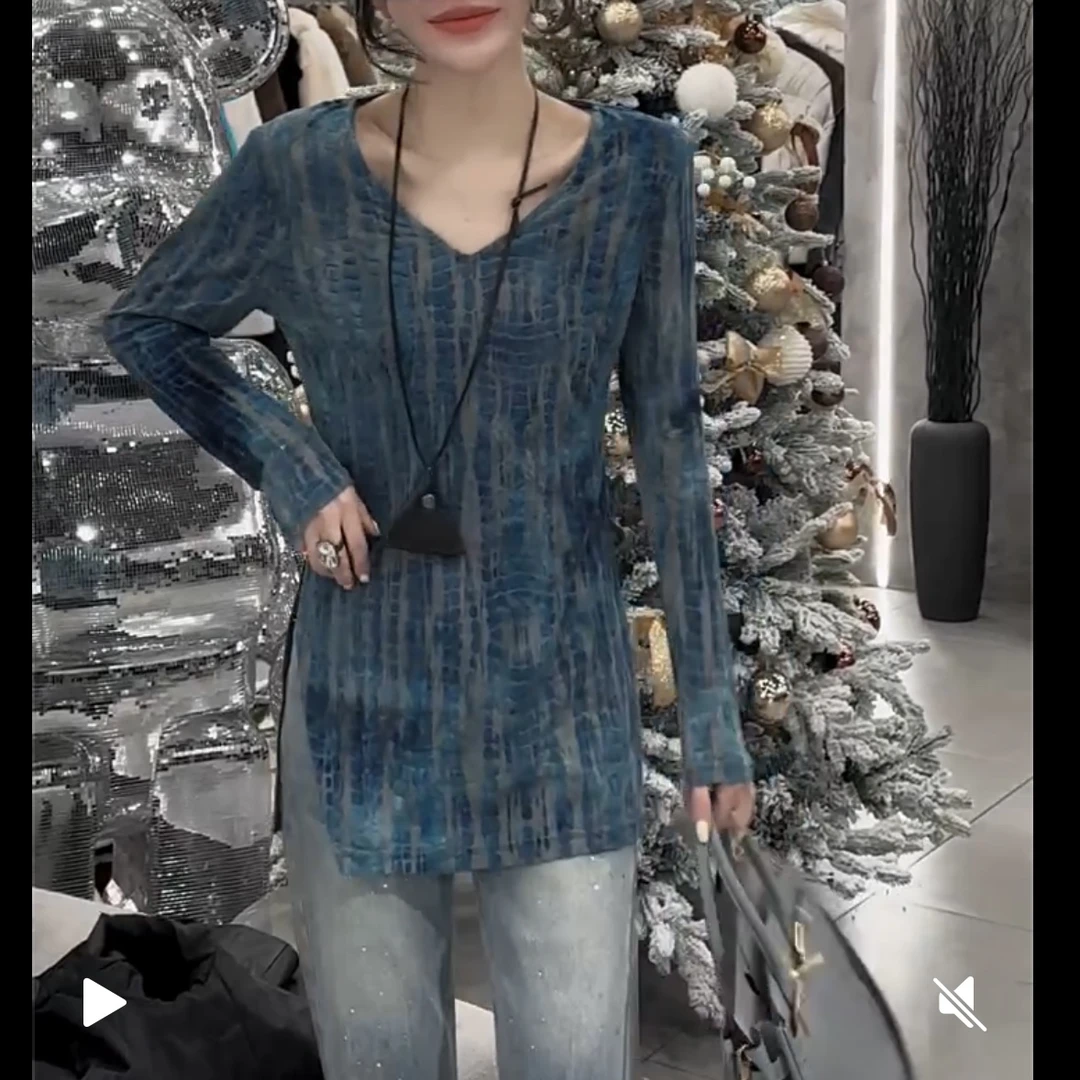 4858-1V领植绒微透长袖中长款开叉T恤小众内搭时尚打底衫宽松