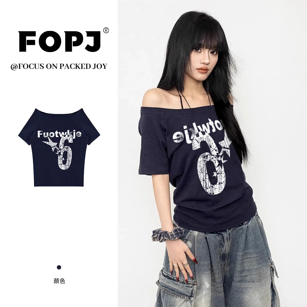 FOPJ美式慵懒风斜肩短袖T恤女夏季新款设计感显瘦时尚休闲上衣ins