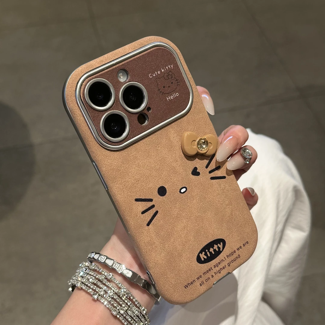 BANCA复古皮质大视窗棕表情KT猫适用苹果16promax手机壳华为P60