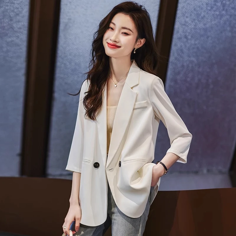 白色小西装外套女2025夏季薄款高级感七分袖通勤休闲职业西服上衣