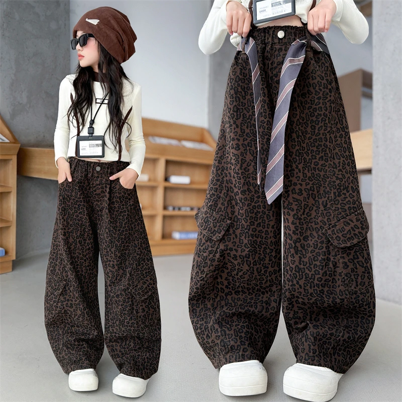 女童工装裤春秋新款儿童宽松豹纹阔腿裤中大童初中生洋气百搭长裤