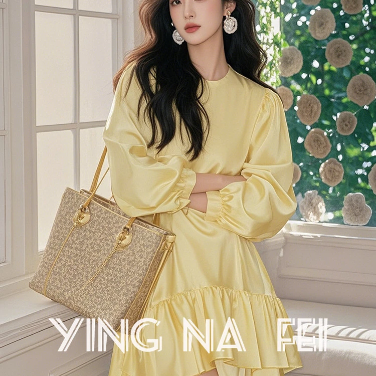 黄色圆领缎面不规则连衣裙2025新款女春季富家千金高级感穿搭短裙