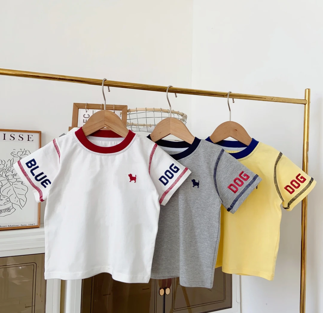 儿童童装休闲宝宝夏季韩版运动男童洋气夏款小童圆领蓝狗短袖上衣