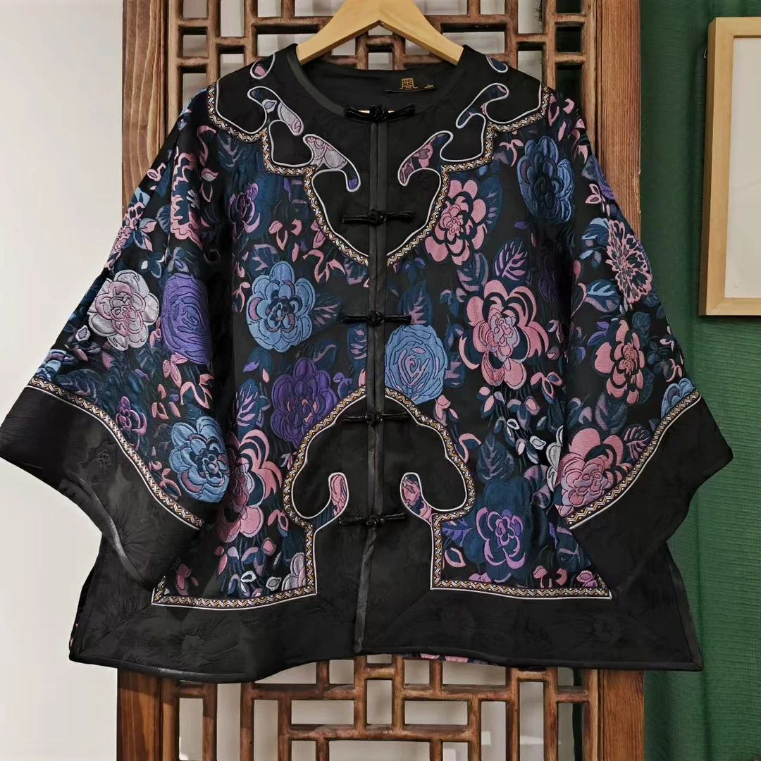 （SY4221）凤徕兮私人定黑底蓝紫花如意头对襟盘扣短风衣