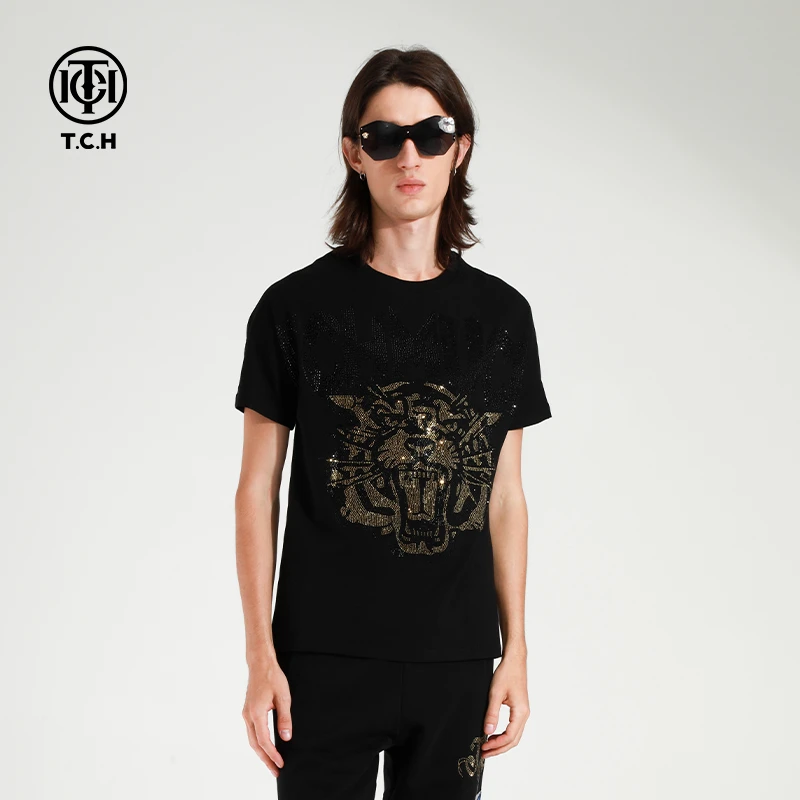 奥莱-TCH潮牌虎头黑字母烫钻黑色印花短袖T恤男女同款T21110C6143