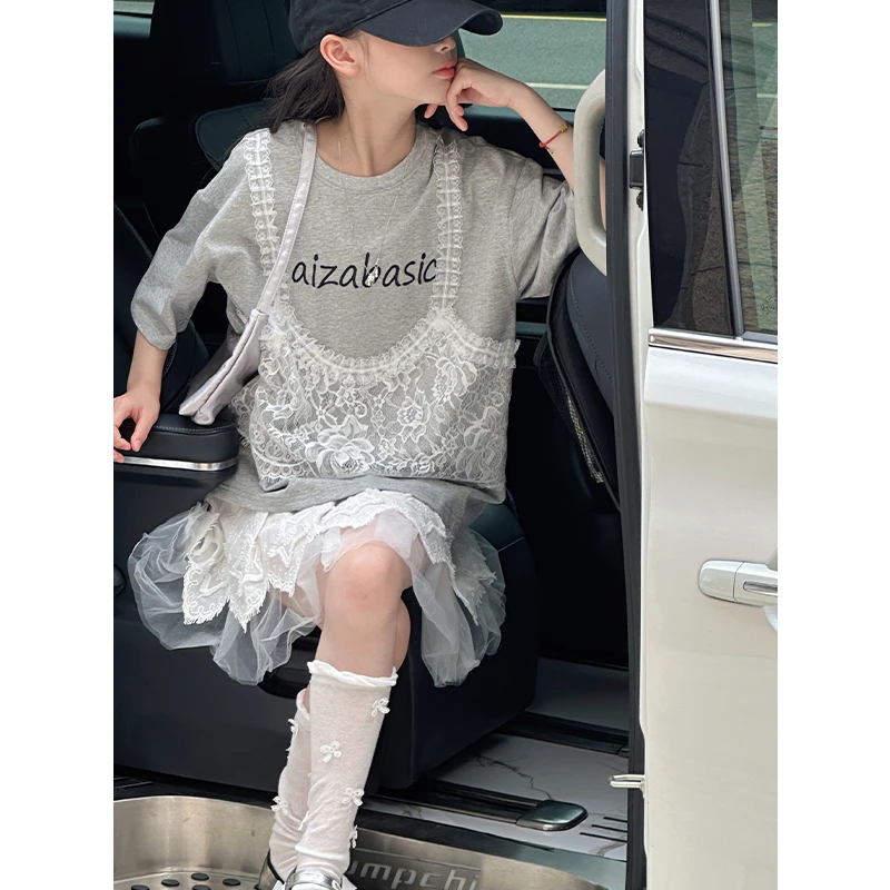 K28942假两件蕾丝女童短袖2025夏装新款休闲时髦上衣T恤洋气衣服t