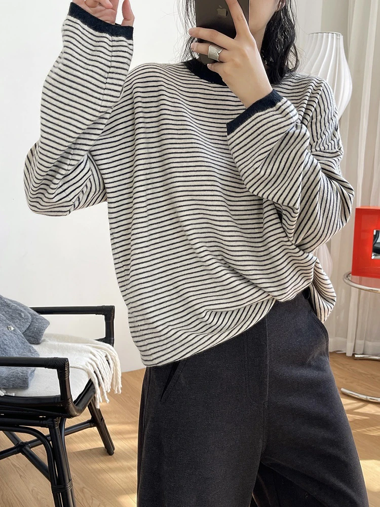 2025新款秋装条纹毛衣女薄款大码长袖t恤上衣软糯宽松针织打底衫