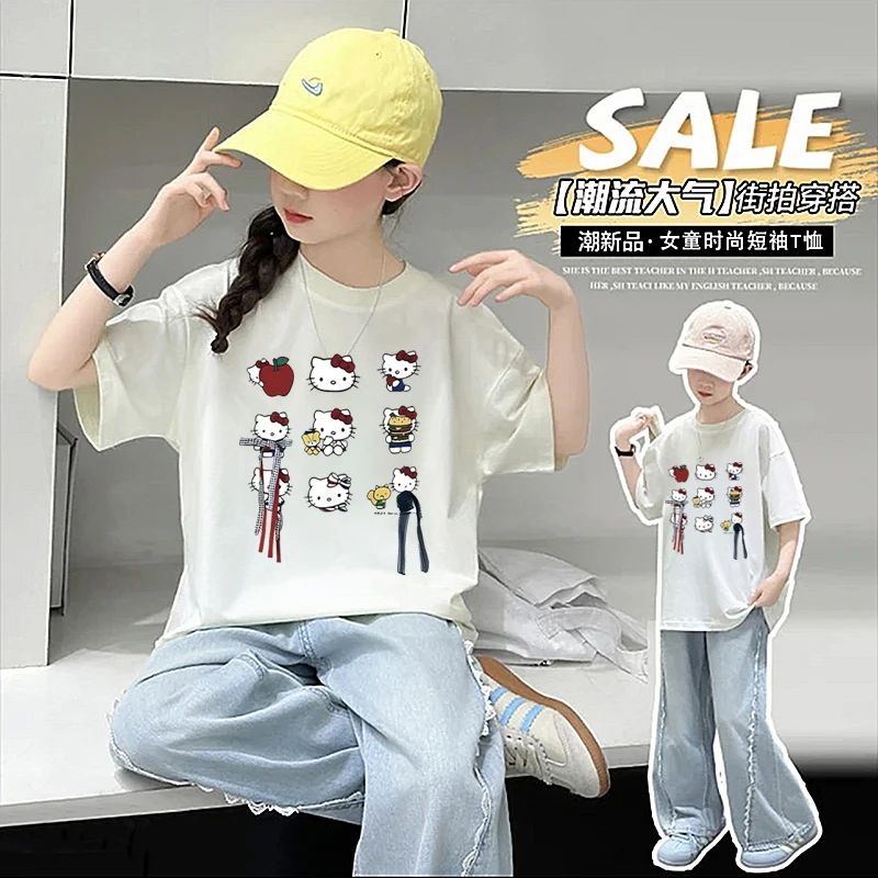 100棉女孩短袖t恤2025新款夏季洋气卡通印花白色儿童上衣中大童装