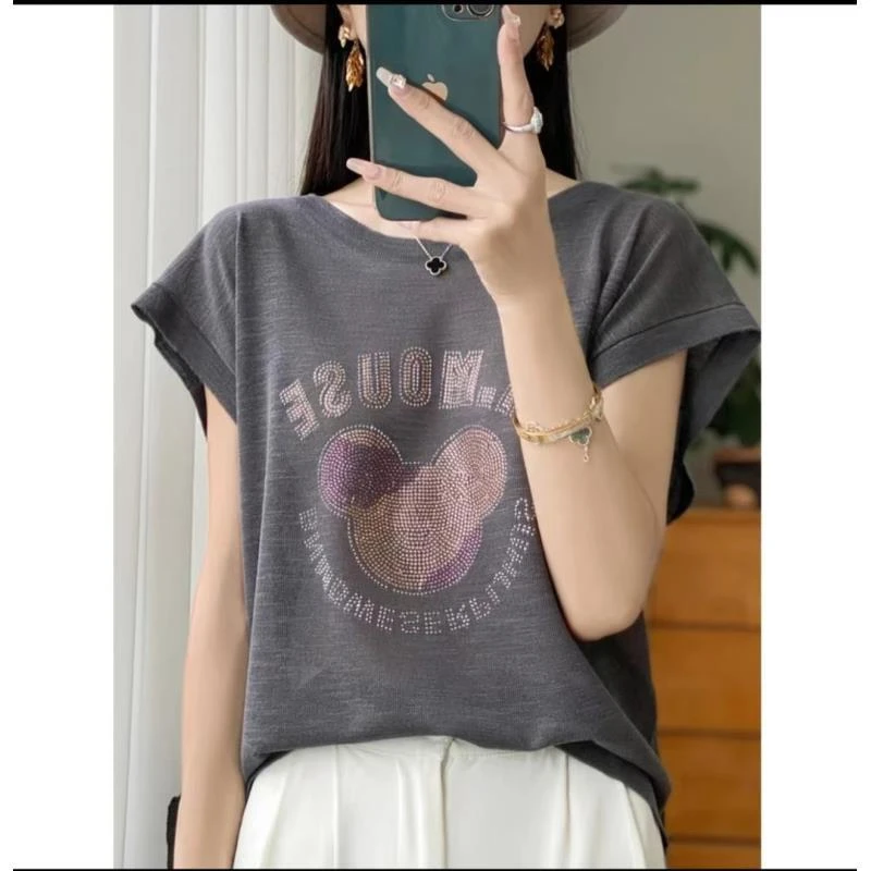 【汇恋】新款竹节麻~凉快吸汗透气圆领短袖女轻薄宽松T恤烫钻针织