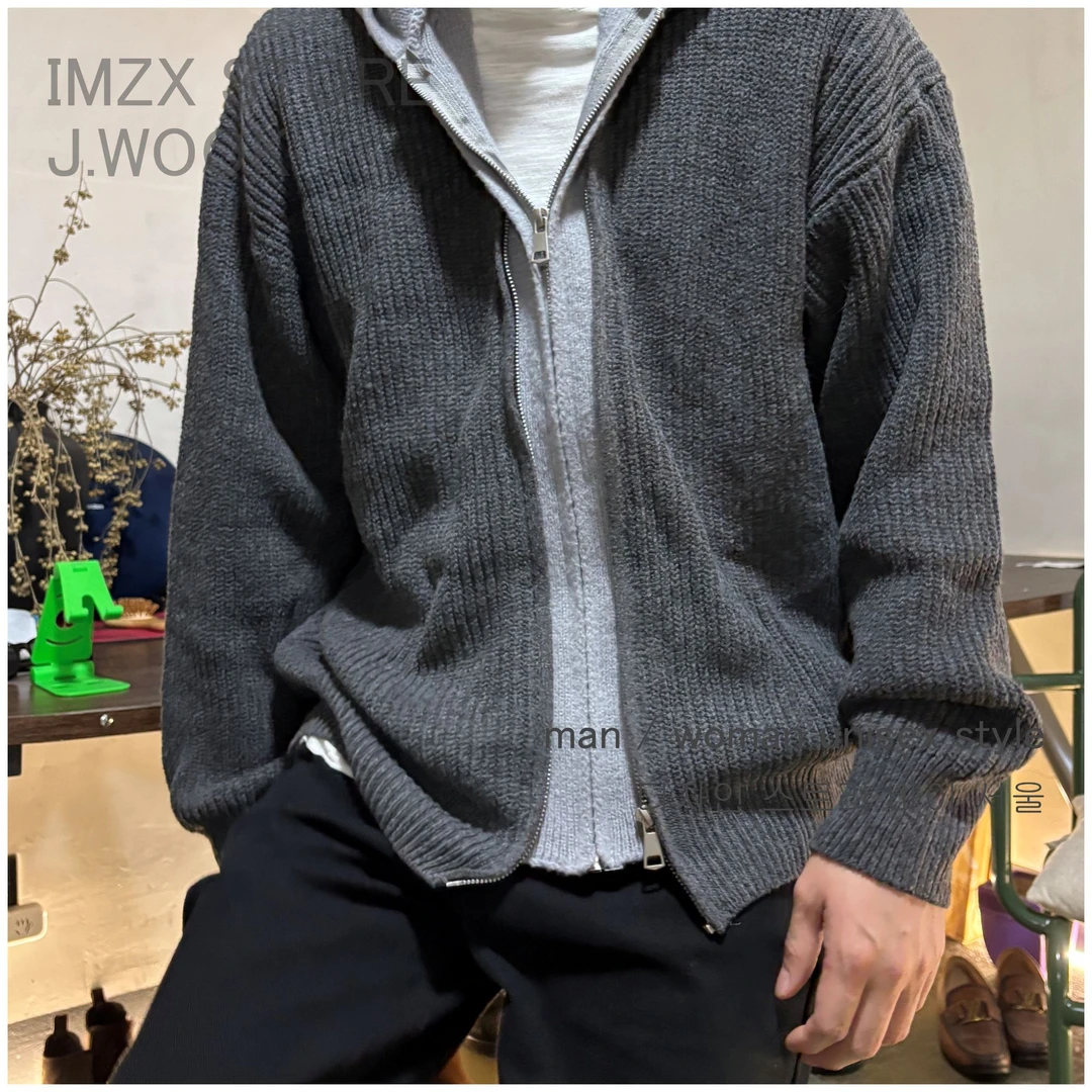 IMZX韩国欧巴服装 男女同款 针织拉链夹克外套开衫 拼接小设计