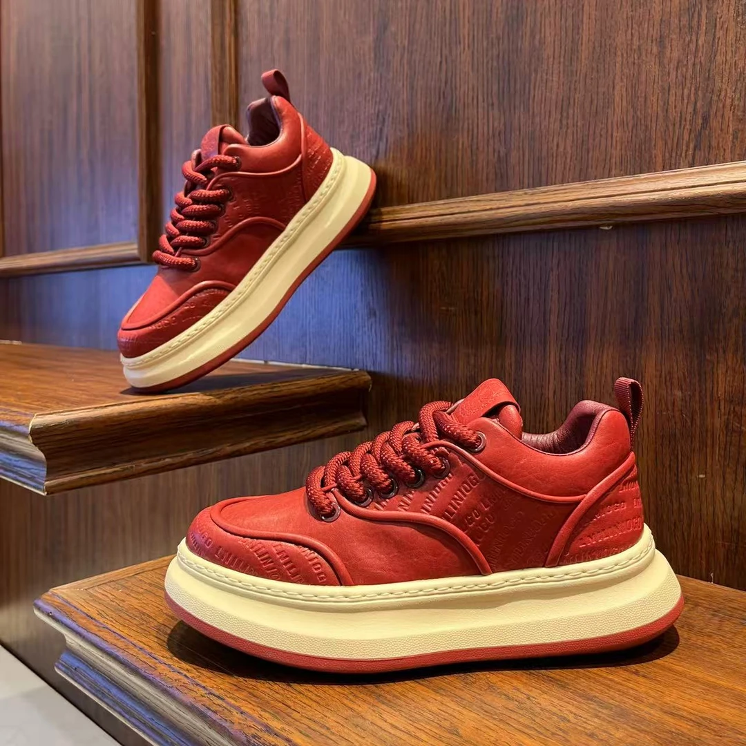 男鞋2025秋季厚底纯色百搭时尚休闲潮鞋低帮系带复古增高男生鞋子