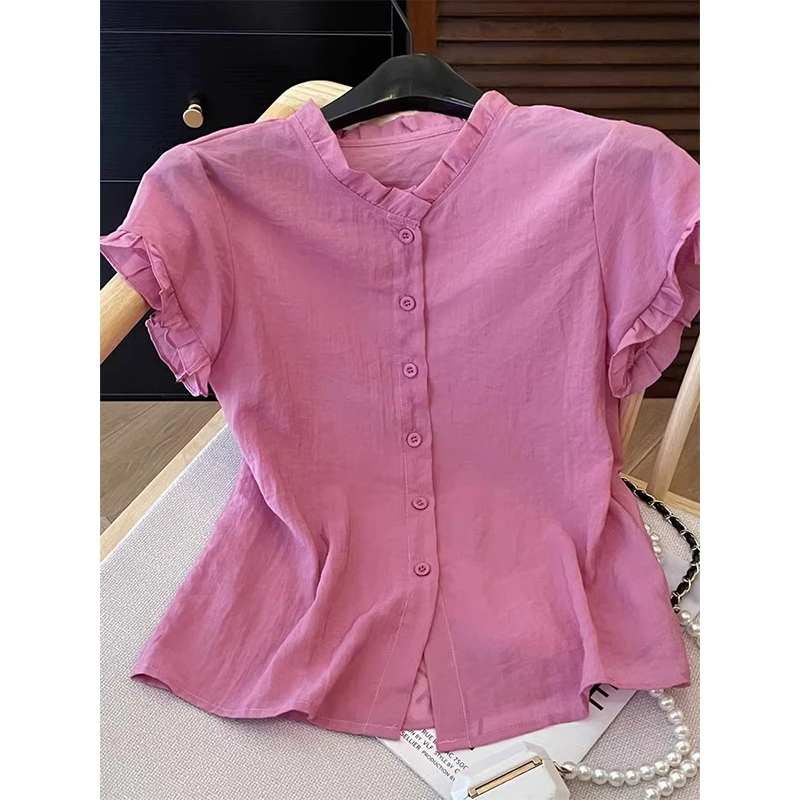 今年流行爆款安可拉红短袖衬衫2025年夏季新款洋气小衫洋气上衣女