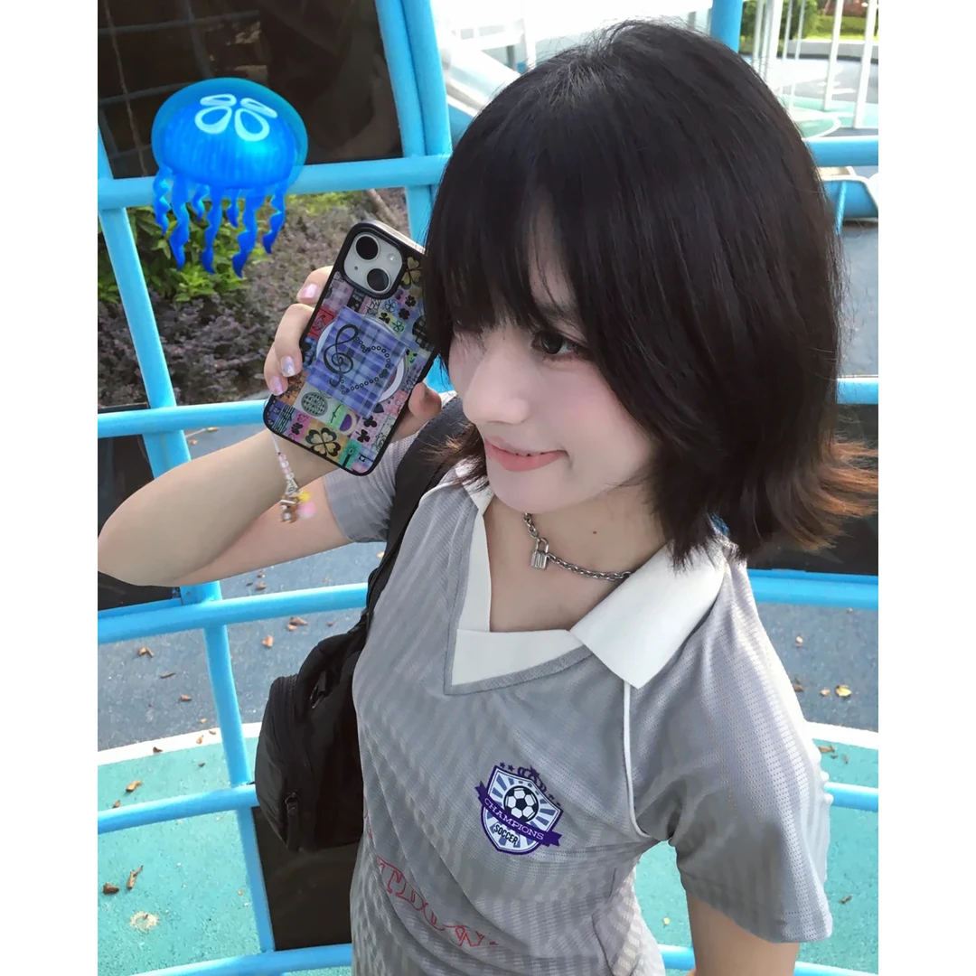 夏季新款休闲凉感暗纹blokecore翻领徽标修身球衣女短款运动上衣