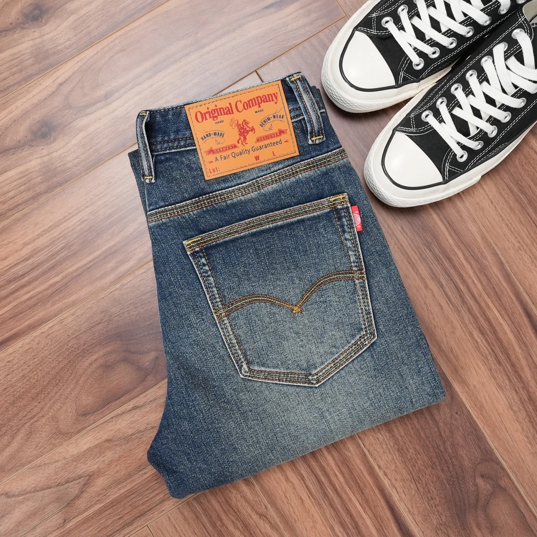 秋季新款经典刺绣牛仔裤水洗蓝色微弹修身小直筒舒适百搭男装