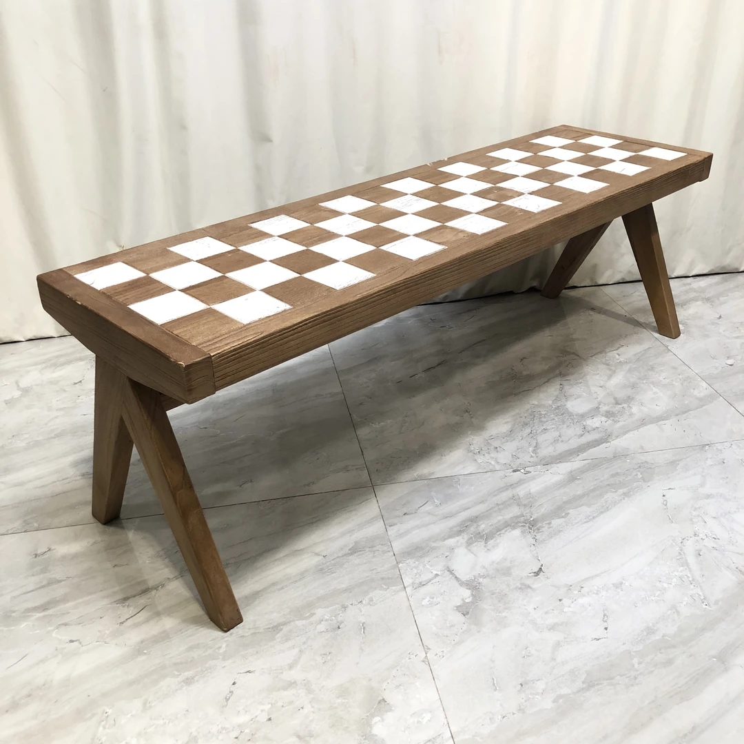 BORCH/博瑞奇老榆木双色昌迪加尔K字棋盘长凳（09060）