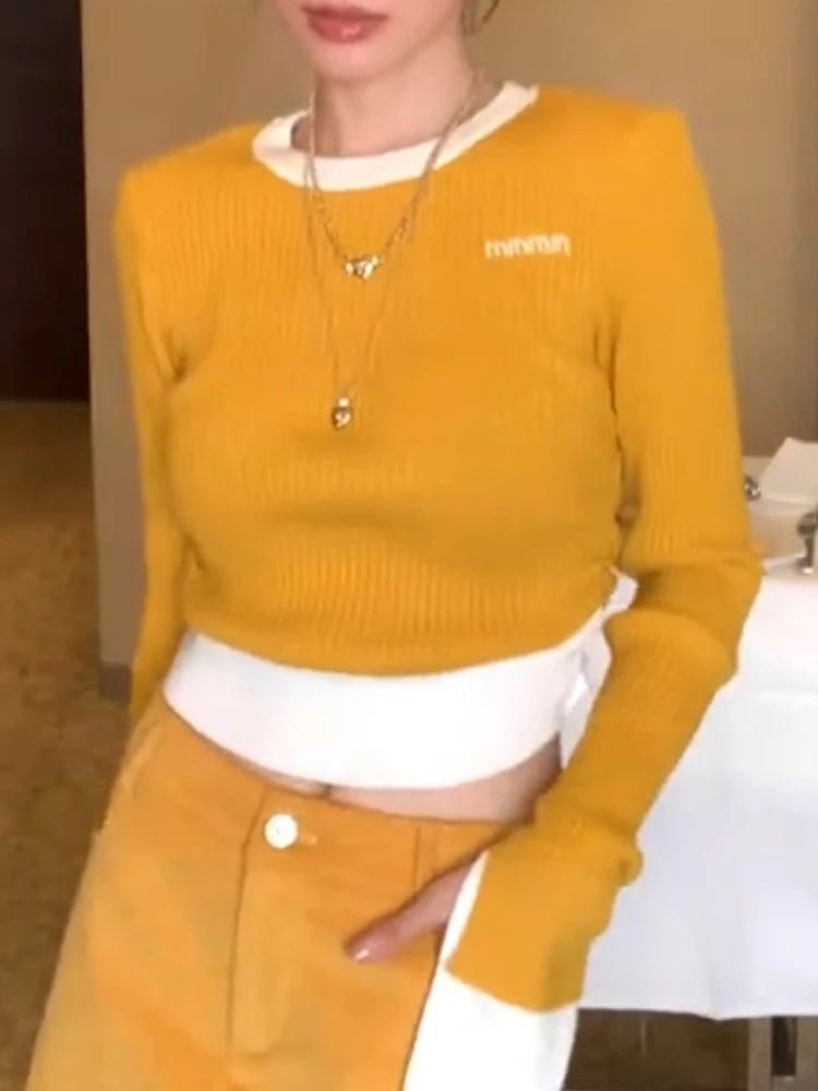 假两件撞色拼接针织衫女春秋季新款修身百搭短款显瘦长袖上衣0848