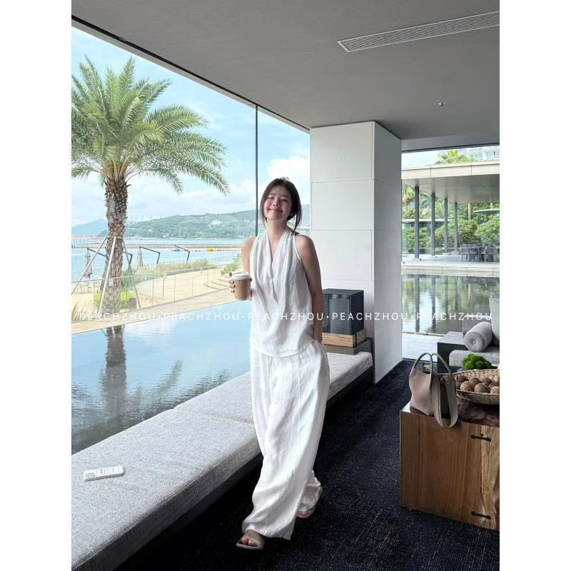 『PEACHZHOU』100亚麻气质挂脖宽松知性背心极简休闲松弛无袖上衣女