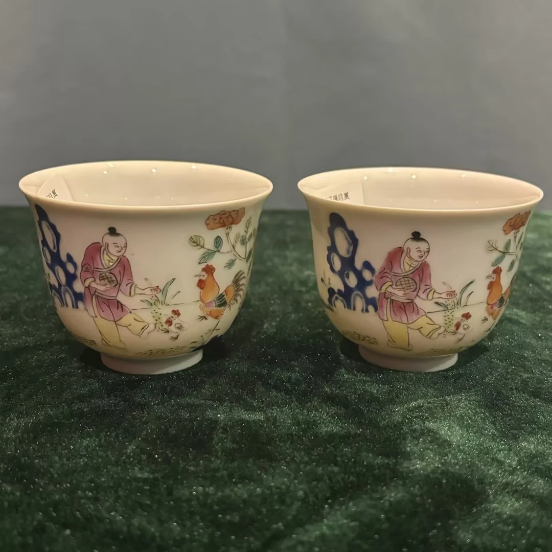 粉彩童子喂鸡赏杯单只FC-010498