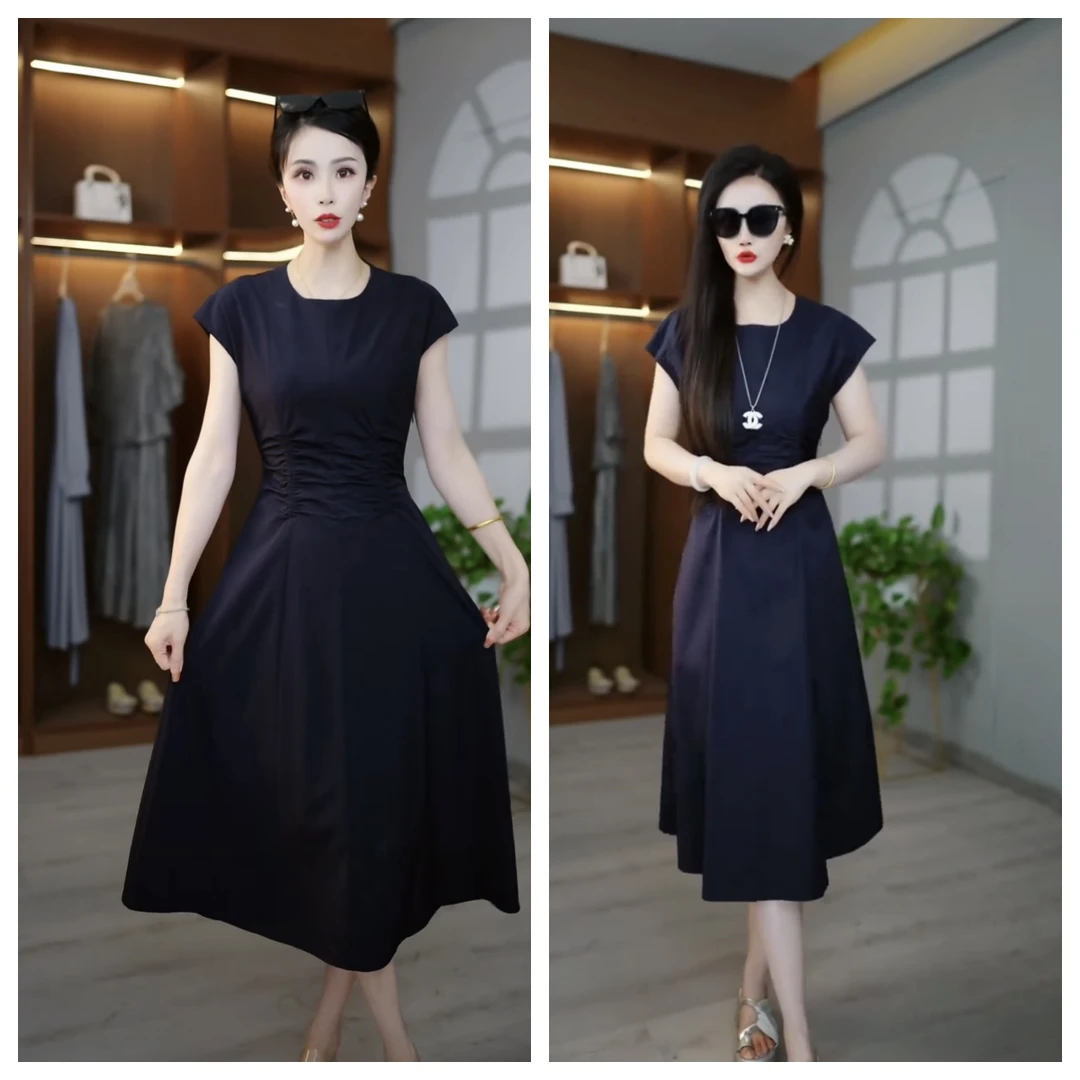 法式轻奢收腰褶皱连衣裙女设计师2025夏季新款中长透气藏蓝色长裙