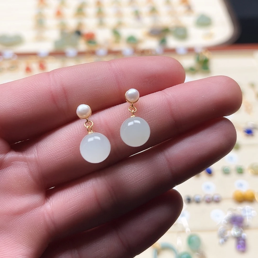 和田玉耳饰银S925镶嵌