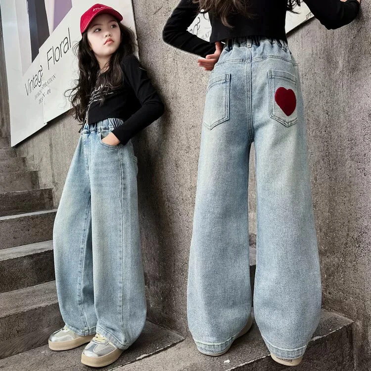 爱心口袋阔腿牛仔裤