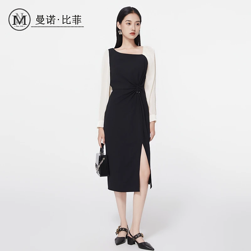 法式拼接撞色长袖连衣裙MFEL115307