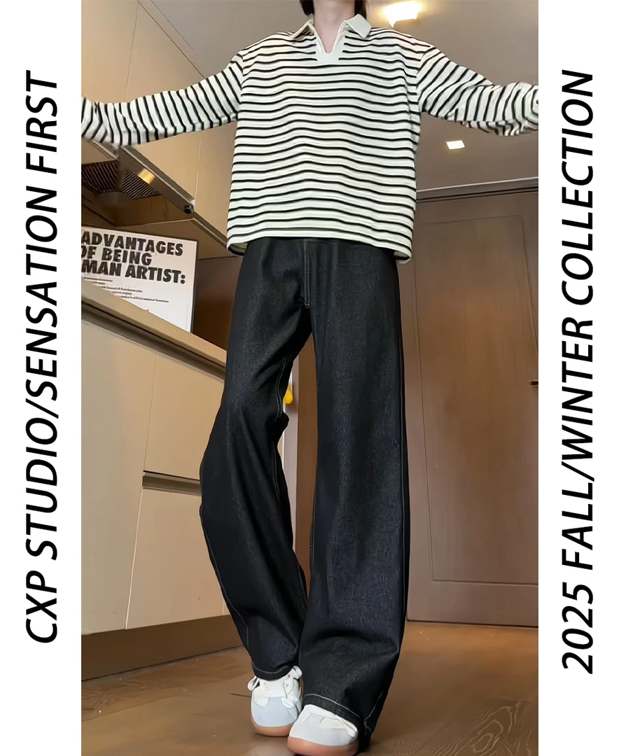 美式复古原牛黑牛仔裤男女宽松直筒版型cleanfit百搭不褪色长裤