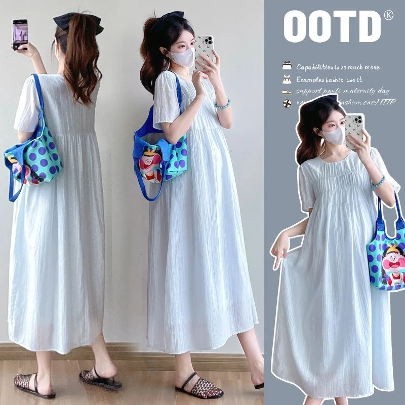 时髦孕妇装新款夏季韩版简约中长款气质款时尚宽松显瘦大码连衣裙