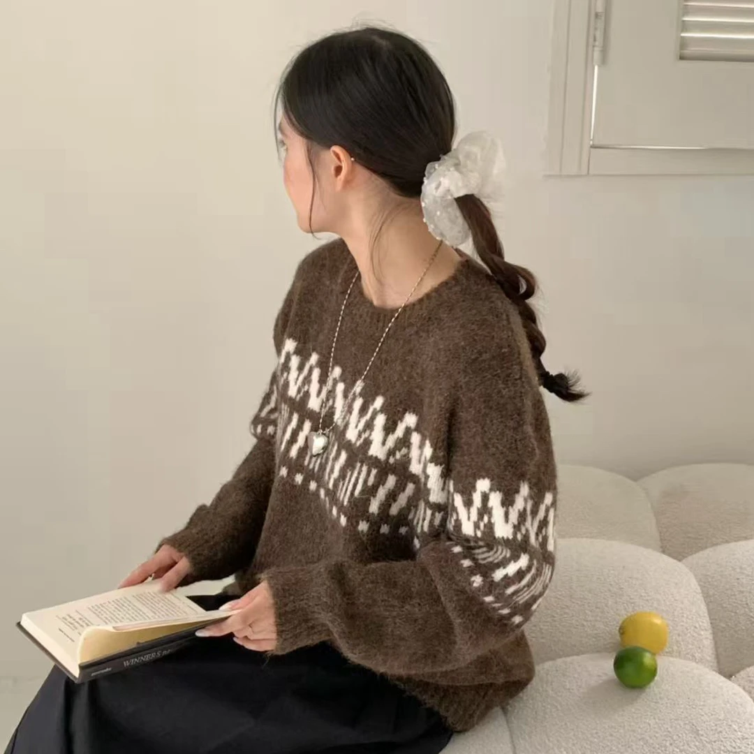 【TKPE】费尔岛圆领加厚毛衣女装冬季慵懒风宽松显瘦长袖内搭针织衫