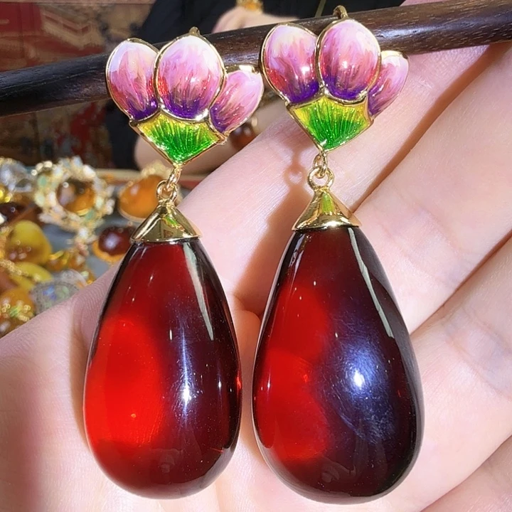 血珀银S925镀金镶嵌耳环