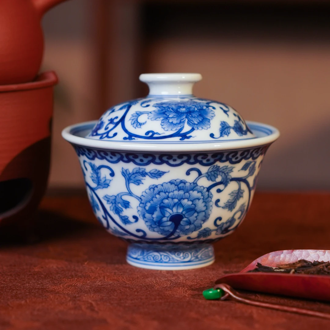 刘建锋窑  仿清缠枝牡丹压手盖碗 茶瓷喝茶品茗 LJF647
