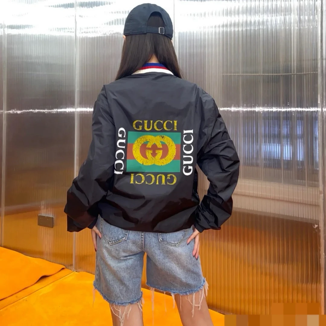 99新 GUCCI/古驰 001498黑色锦纶背面印花连帽拉链长夹克外套48码