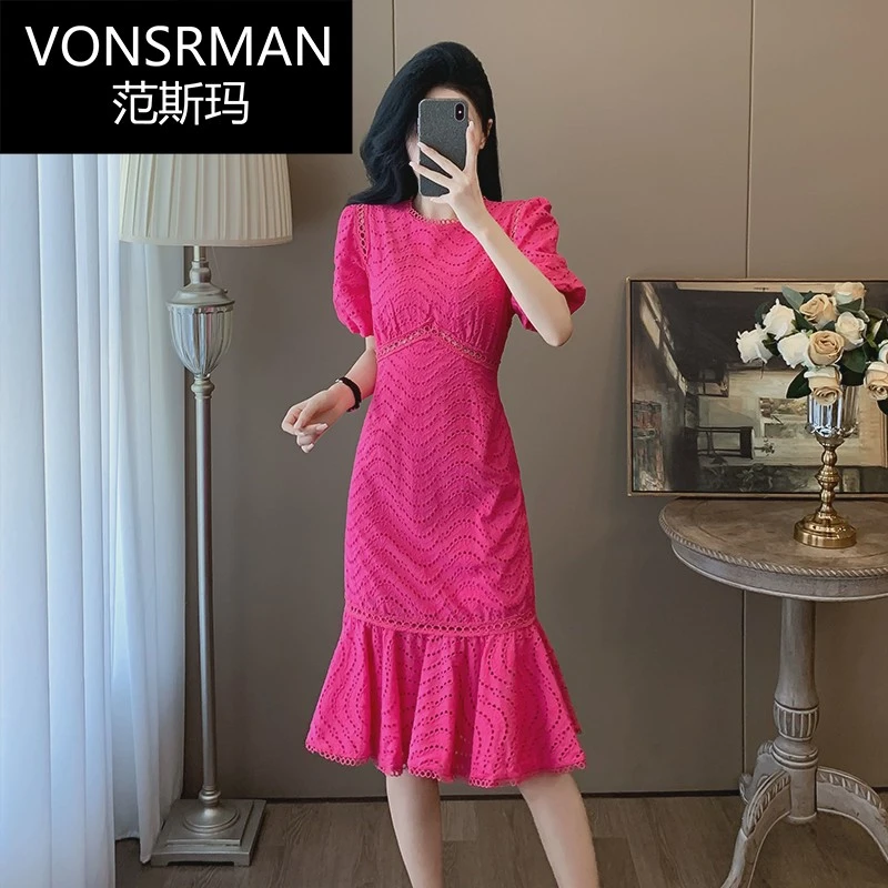 夏季名媛御姐气质高端中长款鱼尾裙海边度假蕾丝连衣裙女高级感