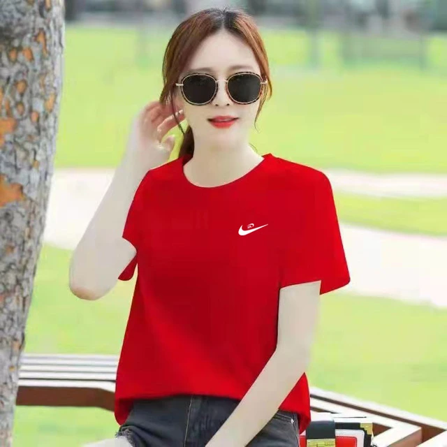 品牌红色正肩短袖t恤女夏季2025新款圆领宽松半袖薄款上衣T打底衫