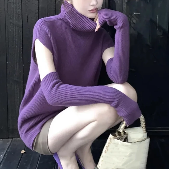 纯欲辣妹风紫色高领毛衣女秋冬设计感小众内搭打底衫宽松显瘦上衣