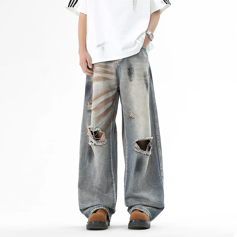 潮流复古美式水洗做旧破洞牛仔裤男宽松长裤
