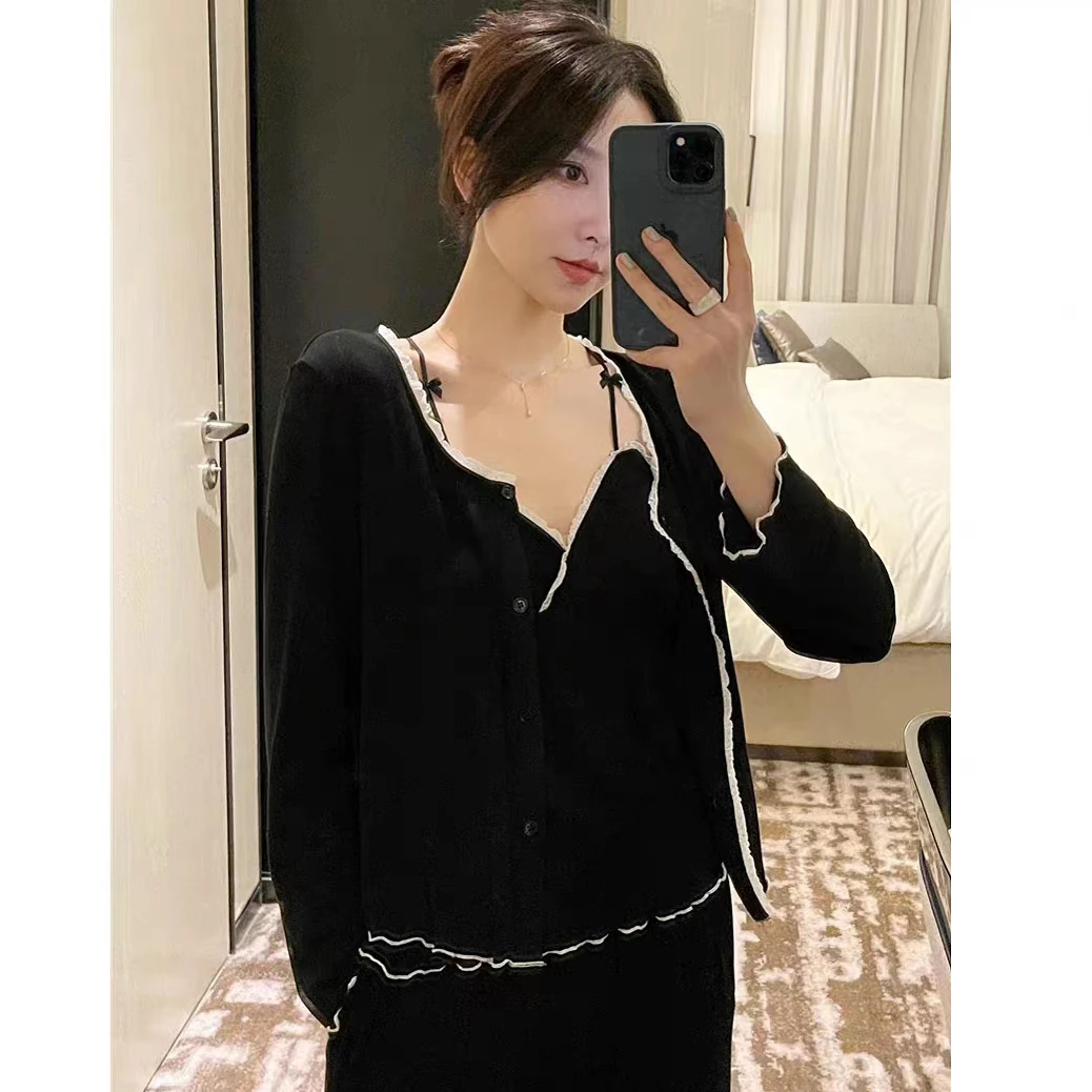 （带胸垫）三件套睡衣女春秋冬长袖黑色纯欲风气质小香风显瘦家居服