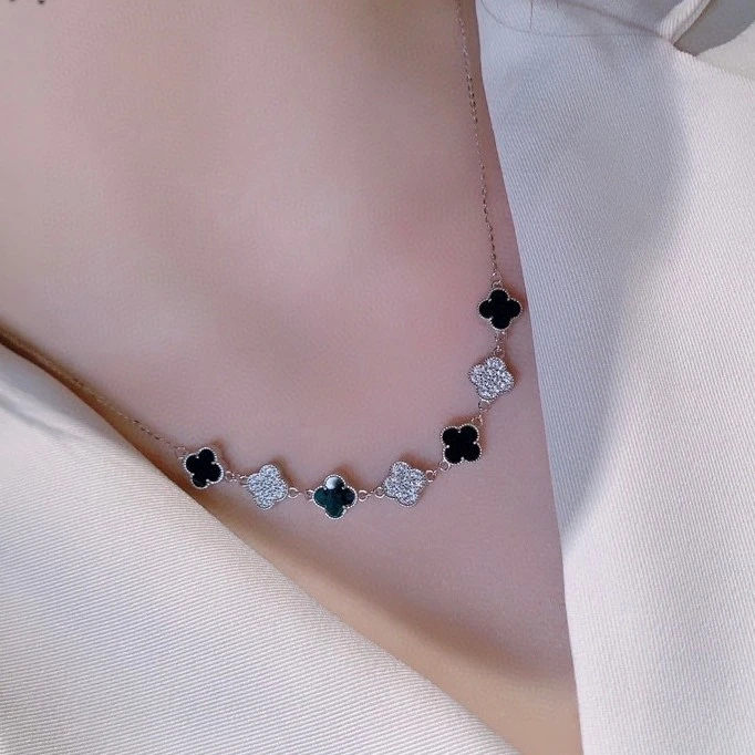 坠链均925银 纯银s925黑白钻熊猫色四叶草套链项链白金色