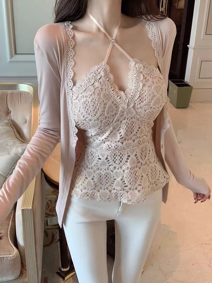 玫瑰吻痕 纯欲千金风挂脖修身内搭吊带上衣长袖防晒遮肉显瘦开衫