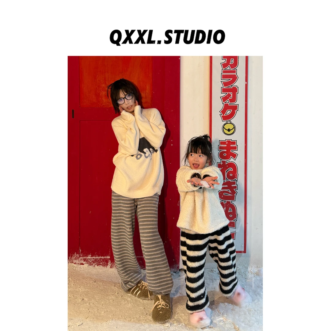 邱小小丽呀 冬季新款慵懒可爱猫咪家居服套装女上衣+条纹裤两件套