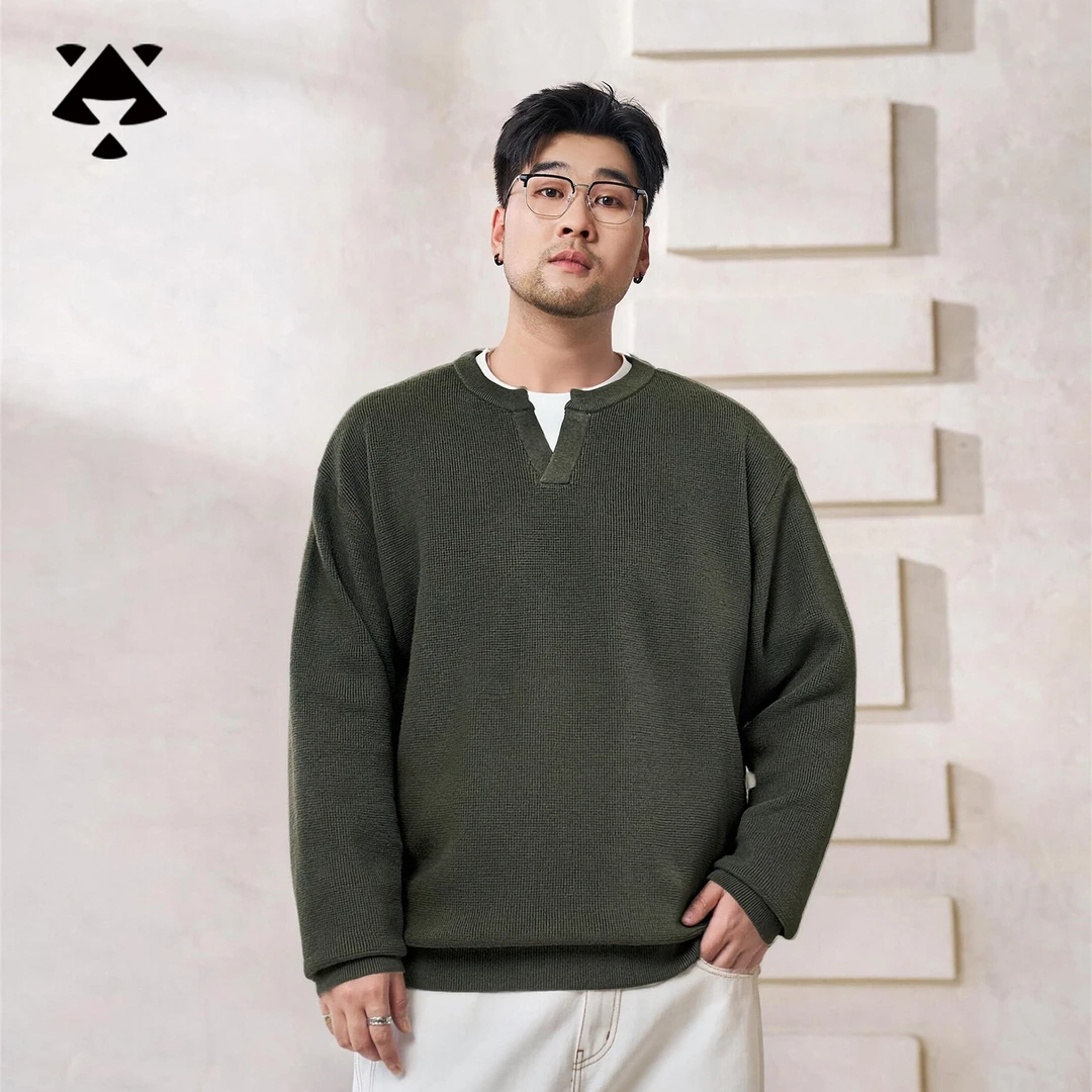 【琥珀流光风】森老板大码男装秋季胖男生老钱风假两件华夫格毛衣男